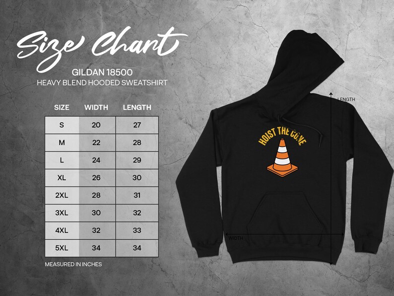 Gildan 18500 hooded sweatshirt size chart with width and length measurements.