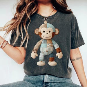 T-shirt singe imitation patchwork, t-shirt animal matelassé, motif vichy cottagecore, chemise peluche vintage, haut kidcore mignon