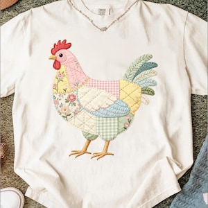 Patchwork Chicken Design, Quilted Hen Art, Cottagecore Farm Animal, Vintage Floral Gingham Graphic, Embroidered Style Print
Patchwork