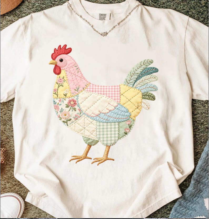 Patchwork Chicken Design, Quilted Hen Art, Cottagecore Farm Animal, Vintage Floral Gingham Graphic, Embroidered Style Print
Patchwork