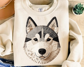 T-shirt med konstmönster och huskymotiv, quiltad hundhuvudtröja, rustik skjorta med ginghammönster och blommönster, primitiv husdjurskonstgåva