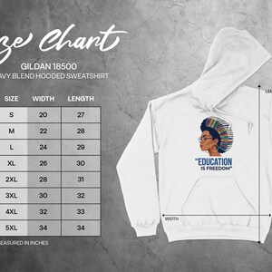 Gildan 18500 hooded sweatshirt size chart with measurements for width and length.