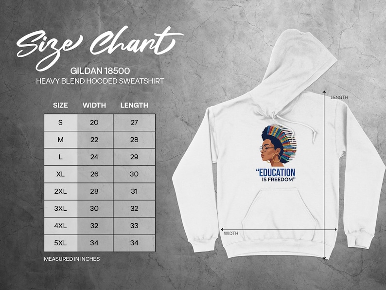 Gildan 18500 hooded sweatshirt size chart with measurements for width and length.