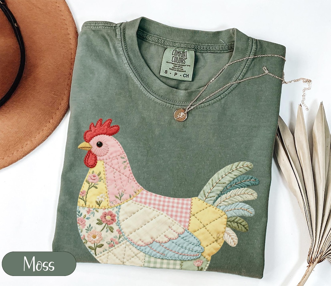 Faux Patchwork Chicken T-Shirt, Quilted Farmhouse Hen Shirt, Rustic Floral Gingham Tee, Co
