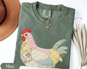 Faux Patchwork Chicken T-Shirt, Quilted Farmhouse Hen Shirt, Rustic Floral Gingham Tee, Country Cottagecore Spring Easter Gift