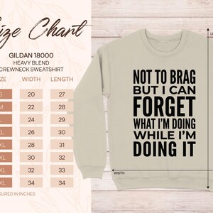 Gildan 18000 crewneck sweatshirt size chart with measurements in inches.