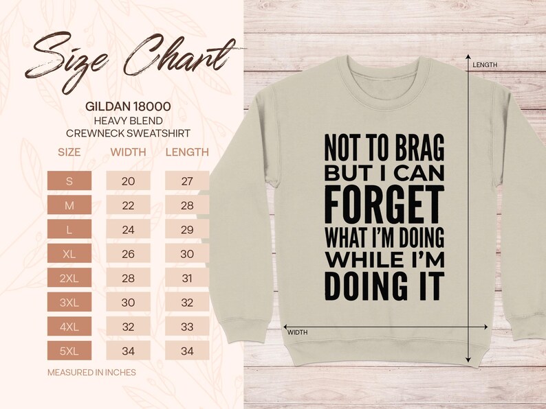 Gildan 18000 crewneck sweatshirt size chart with measurements in inches.