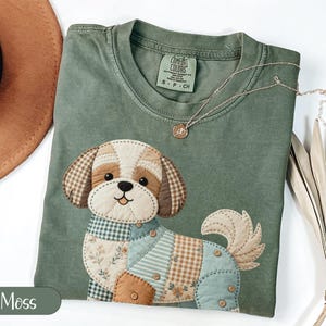 Faux Patchwork Dog T-Shirt, Quilted Puppy Tee, Cottagecore Gingham Floral Shirt, Vintage Grandmacore Animal Lover TShirt