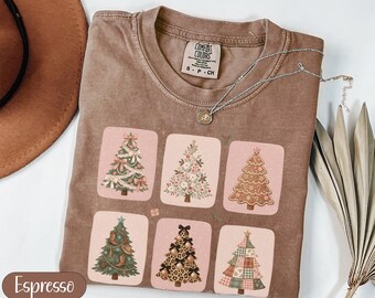 Vintage Cozy Christmas Tree T-Shirt, Gingerbread Leopard Western Rustic Floral Patchwork, Unique Holiday Festive Aesthetic Tee Gift