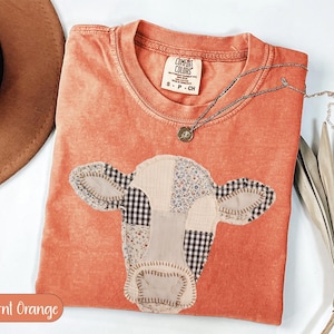 Cow Graphic T-Shirt, Burnt Orange Tee, Patchwork Cow Shirt, Farm Animal Top, Gift for Her, Boho Style, Casual Wear, Cute Cow Design