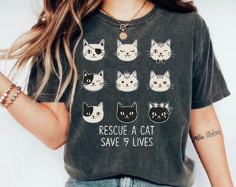 Cute Cat Faces-T-shirt, Rescue A Cat Save 9 Lives-T-shirt, schattige katachtige minnaartop, grafisch T-shirt huisdieradoptie, grillige kitty