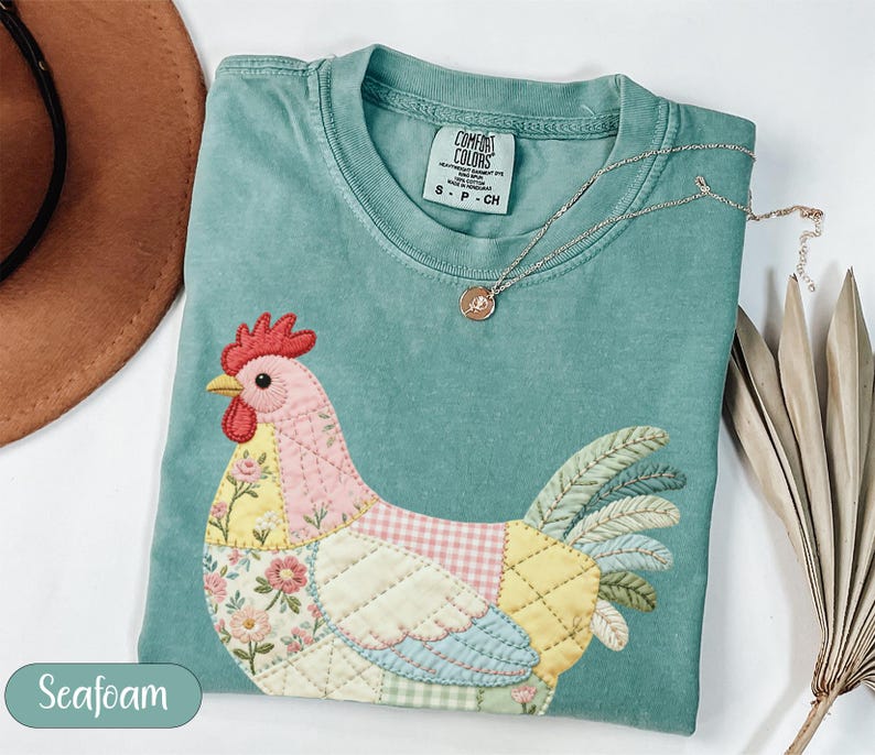 Seafoam Patchwork Chicken T-Shirt, Quilted Rooster Tee, Cottagecore Farm Animal Shirt, Floral Gingham Hen Top, Farmer Gift
Chicken shirt