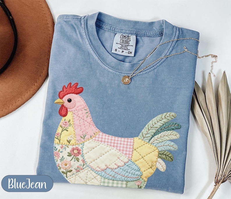Blue Jean Patchwork Rooster Shirt, Embroidered Chicken Design, Farm Animal Tee, Quilted Farmhouse Apparel, Country Bird Art, Unique Gift