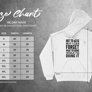 Gildan 18500 size chart for hooded sweatshirts with width and length measurements.