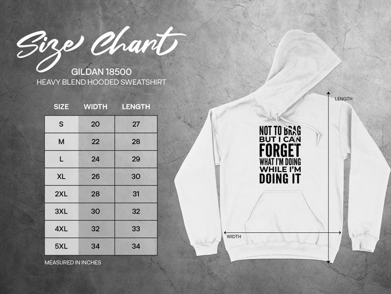Gildan 18500 size chart for hooded sweatshirts with width and length measurements.