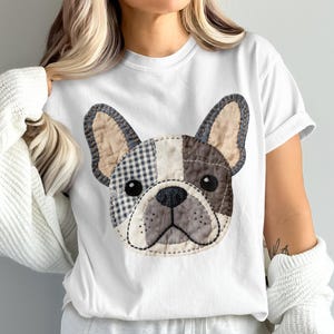 White t-shirt with a patchwork French bulldog design.