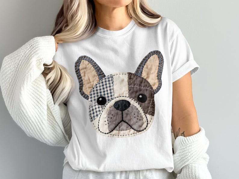 White t-shirt with a patchwork French bulldog design.
