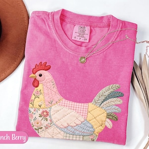 Quilted Patchwork Rooster T-shirt, Embroidered Chicken Tee, Farm Animal Graphic, Crunch Berry Pink Shirt, Rustic Country Gift
Rooster T