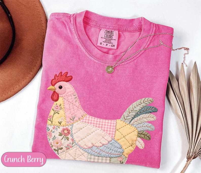 Quilted Patchwork Rooster T-shirt, Embroidered Chicken Tee, Farm Animal Graphic, Crunch Berry Pink Shirt, Rustic Country Gift
Rooster T