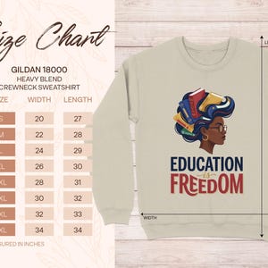 Gildan 18000 sweatshirt size chart and graphic with "Education is Freedom" text.
