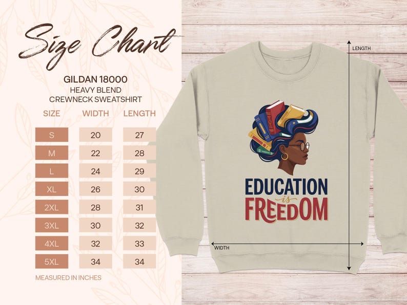 Gildan 18000 sweatshirt size chart and graphic with "Education is Freedom" text.