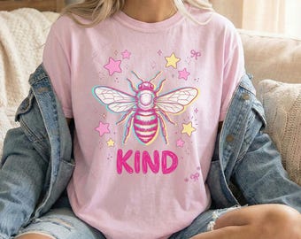 Snällt bi-t-shirt, färgglad klotterstjärndesign, positiva vibbar grafisk t-shirt, söt insektsvänlighetströja, glad inspirerande gåva-t-shirt