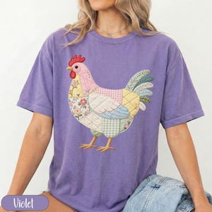 Patchwork Chicken Shirt, Quilted Hen Design, Violet Farm Animal Tee, Cottagecore Aesthetic, Floral Bird Top, Embroidered Look