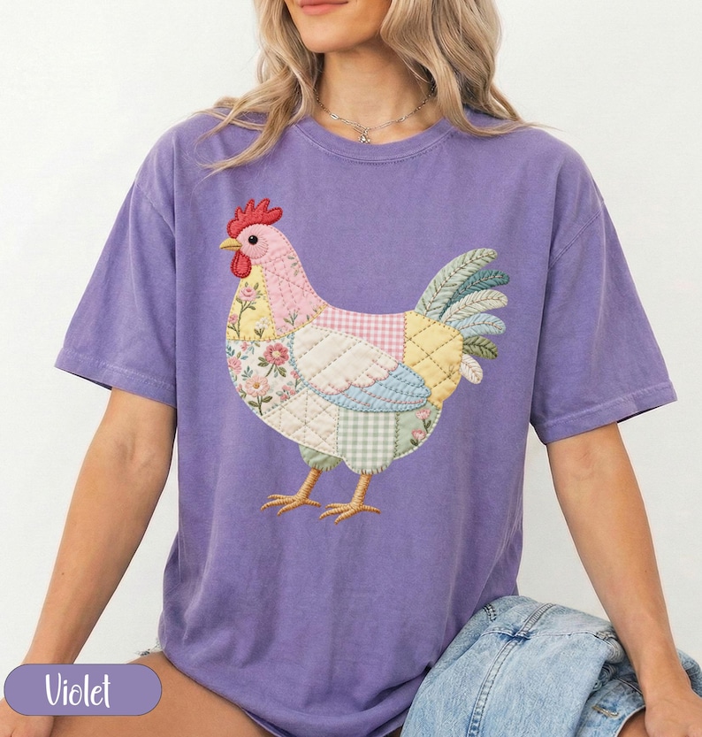 Patchwork Chicken Shirt, Quilted Hen Design, Violet Farm Animal Tee, Cottagecore Aesthetic, Floral Bird Top, Embroidered Look
