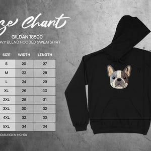 Gildan 18500 hooded sweatshirt size chart with measurements in inches.