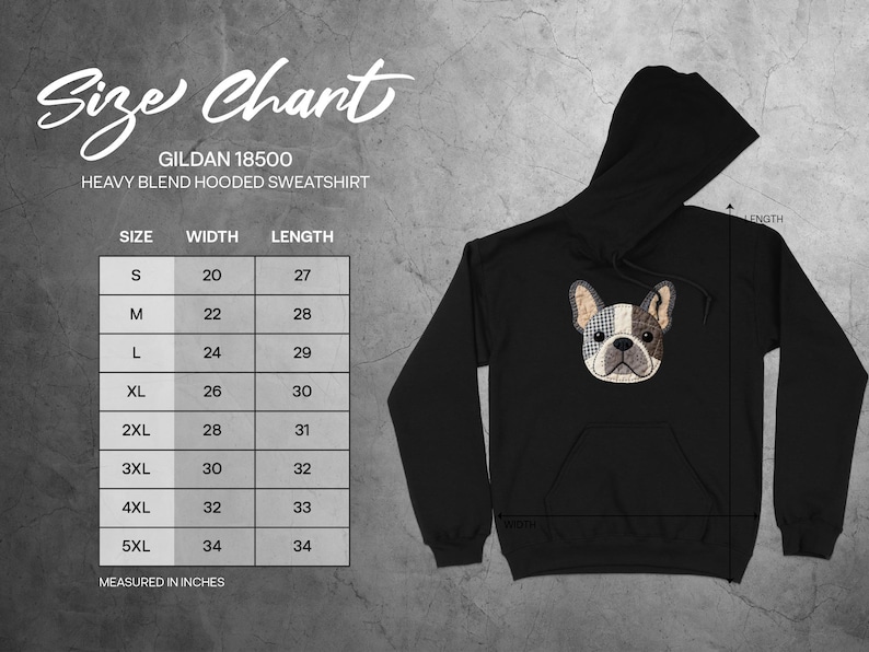 Gildan 18500 hooded sweatshirt size chart with measurements in inches.