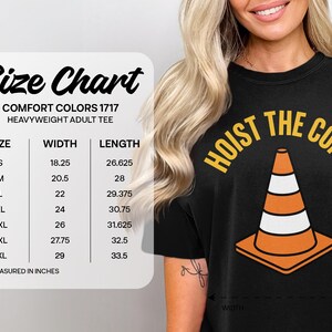 Comfort Colors size chart with sleeve graphic of a traffic cone.