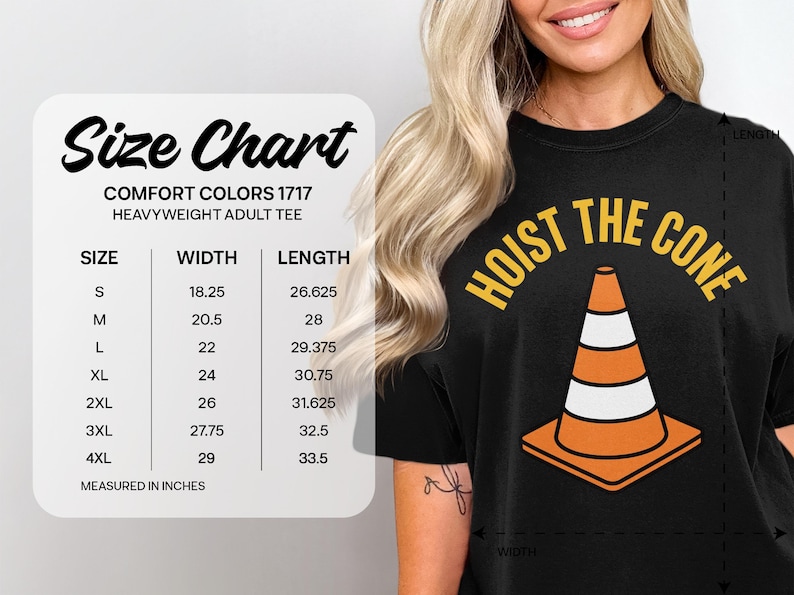 Comfort Colors size chart with sleeve graphic of a traffic cone.