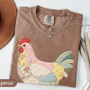 Patchwork Rooster Design, Quilted Chicken Applique, Farmhouse Folk Art, Cottagecore Vintage Floral, Espresso Comfort Colors