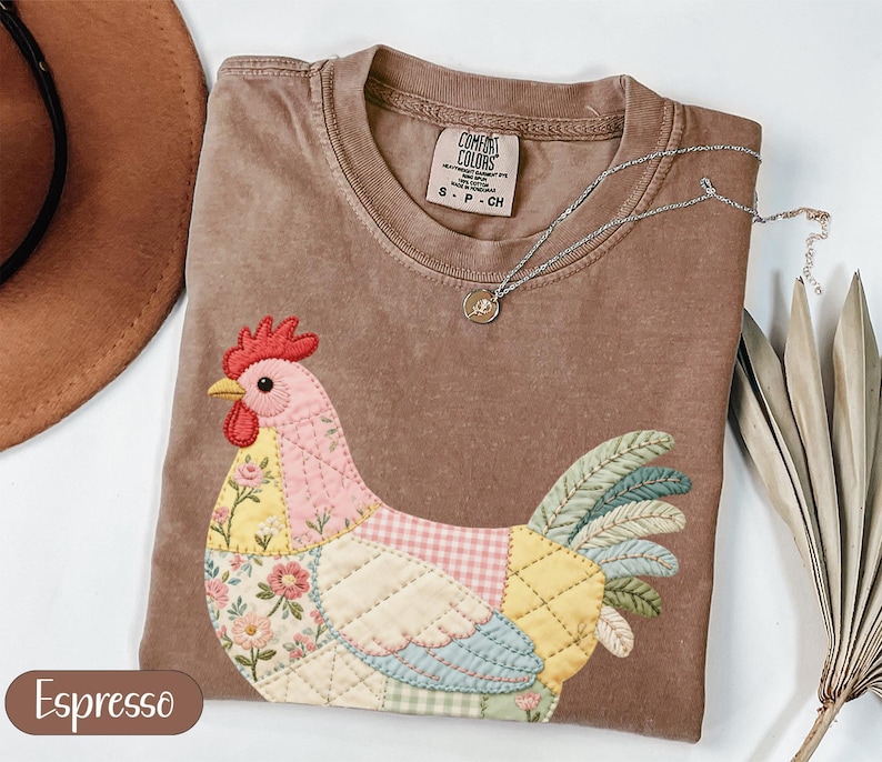 Patchwork Rooster Design, Quilted Chicken Applique, Farmhouse Folk Art, Cottagecore Vintage Floral, Espresso Comfort Colors