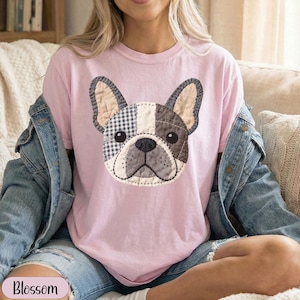 Pink t-shirt with a patchwork French bulldog graphic.