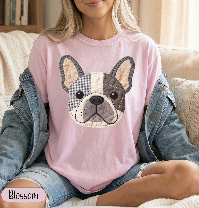 Pink t-shirt with a patchwork French bulldog graphic.