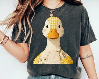 Faux Patchwork Ente T-Shirt, Gesteppter Bauernhof Tierkopf T-Shirt, Gingham Floral Rustikal Enten-Liebhaber-Shirt, Cottagecore Bauernhaus Geschenk