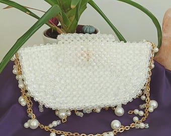 Handmade Pearl Beaded Clutch Bag: Bridal Wedding Evening Bag