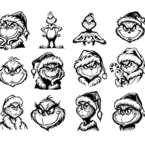 May include: A collection of black and white illustrations of a green creature with a mischievous grin, wearing a Santa hat. The images vary in pose and expression, some with a candy cane.