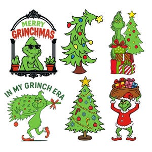May include: A collection of Grinch-themed Christmas graphics. The images include the Grinch in various poses, Christmas trees, and text that reads "Merry Grinchmas" and "In My Grinch Era". The color palette is primarily green, red, and white.