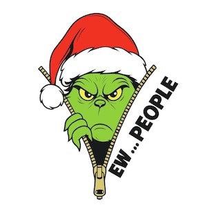 Pode incluir: Um personagem de desenho animado verde usando um gorro de Papai Noel vermelho com acabamento branco, espreitando por um zíper. O personagem tem olhos amarelos e uma expressão zangada. O texto "EW... PEOPLE" está impresso em preto.