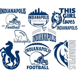 Puede incluir: Una colección de logotipos con temática de Indianápolis en azul marino y blanco. Los diseños incluyen cascos de fútbol, un paisaje urbano, una herradura con un caballo y el texto "This Girl loves Indianapolis."