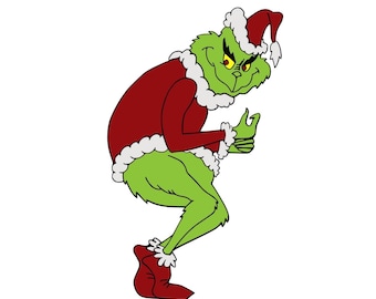 Può includere: Illustrazione di un personaggio verde con un'espressione birichina. Il personaggio indossa un costume da Babbo Natale rosso con finiture bianche e un cappello abbinato, su sfondo bianco.