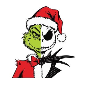 May include: A split-face graphic featuring the Grinch and Jack Skellington. The Grinch side is green with a Santa hat, and the Jack Skellington side is white with a Santa hat. The Grinch wears a red coat and bow tie.