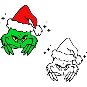May include: A green cartoon character wearing a red Santa hat with white trim. The character has an angry expression and is surrounded by sparkling star shapes. A black and white outline version is also shown.