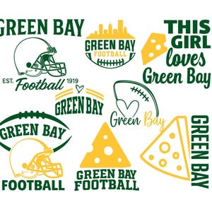 Può includere: Una collezione di grafiche verdi e gialle con le parole "Green Bay" e "Football". Include un casco da football, un pallone da football, spicchi di formaggio e la frase "This Girl loves Green Bay."