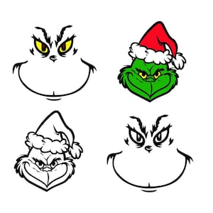 Puede incluir: Cuatro imágenes de la cara de un personaje de dibujos animados, cada una con una expresión diferente. Una es verde con un gorro de Papá Noel, y otra es un contorno en blanco y negro con un gorro de Papá Noel. Las otras dos son contornos en blanco y negro.