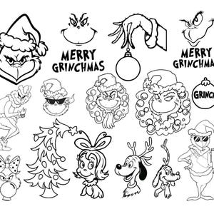 Puede incluir: Dibujos lineales en blanco y negro con varios personajes y elementos de la franquicia Grinch. Incluye la cara del Grinch, una mano sosteniendo un adorno y el texto "MERRY GRINCHMAS".
