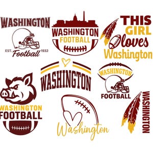 May include: A selection of maroon and gold Washington football-themed designs. The image includes a football helmet, a football, a city skyline silhouette, and the text "This Girl loves Washington."