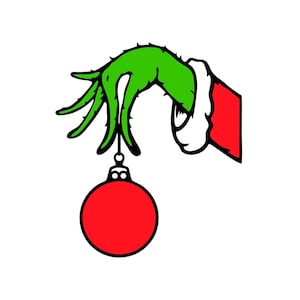 Könnte beinhalten: Cartoon-Illustration einer grünen Hand, die eine rote Weihnachtskugel hält. Die Hand trägt einen weißen Handschuh mit rotem Ärmel. Die Kugel ist rund und hat eine silberne Kappe.
